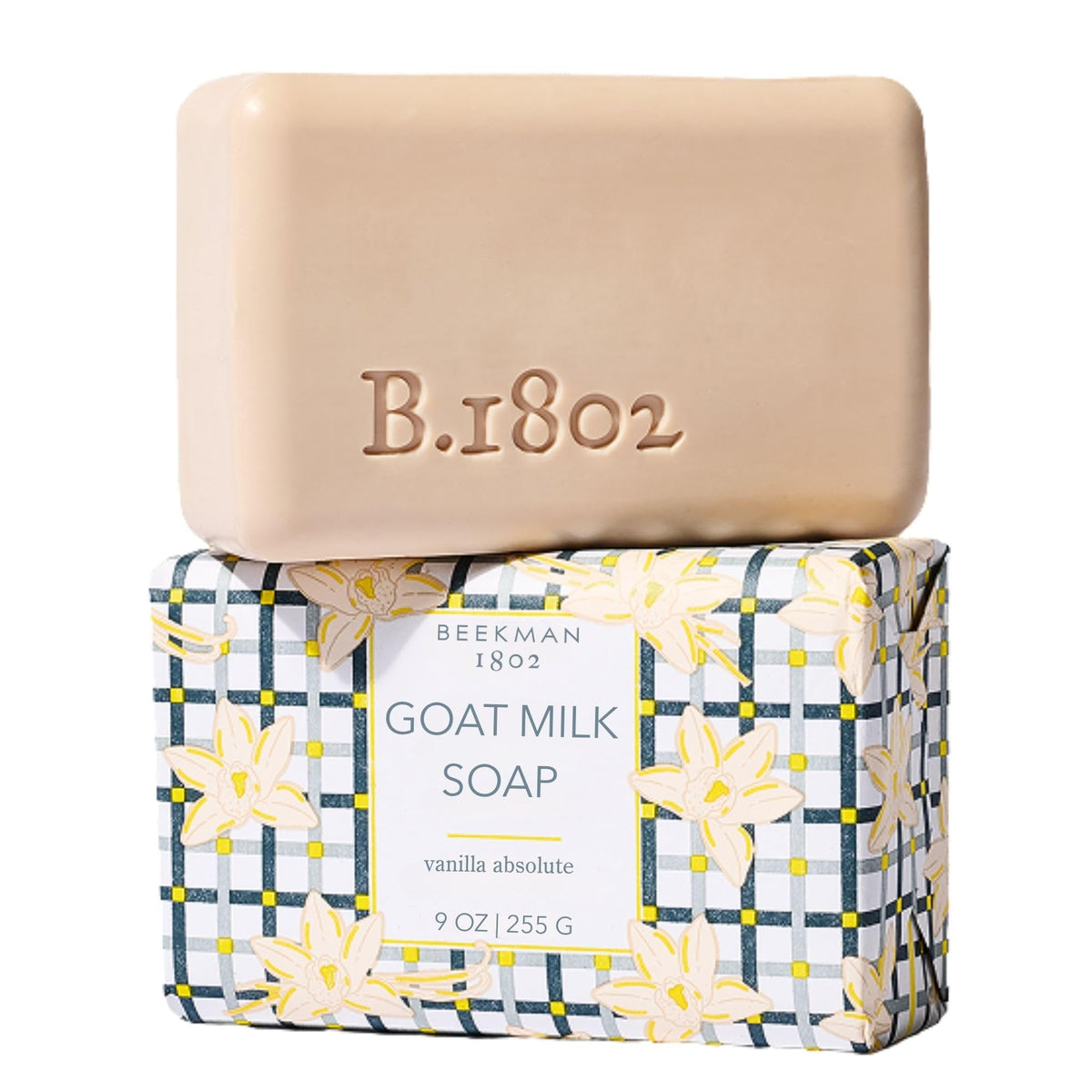 Beekman 1802 front packaging of Vanilla Absolute goat milk soap, highlighting clean design and moisturizing benefit