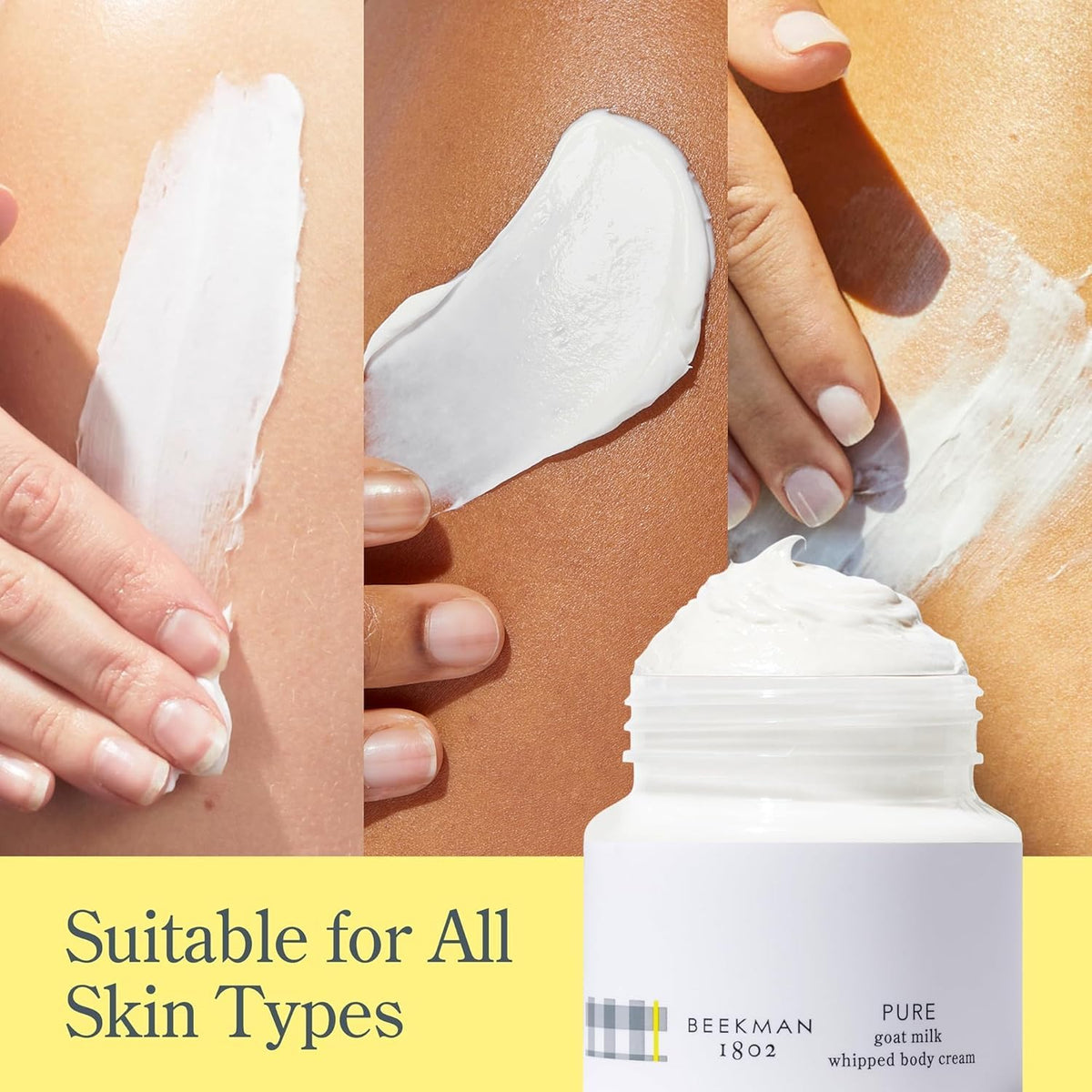 Beekman 1802 hand applying cream demonstrating smooth spreadability
