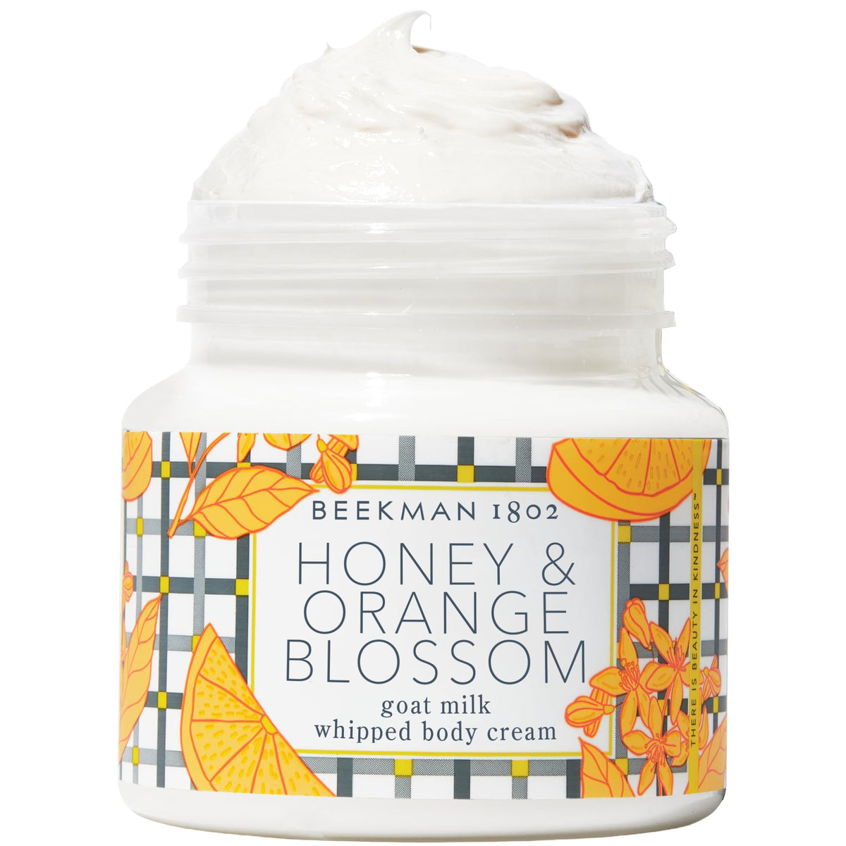 Beekman 1802 jar front view showing honey and orange blossom scent and hydrating benefit