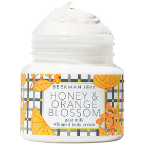 Beekman 1802 jar front view showing honey and orange blossom scent and hydrating benefit