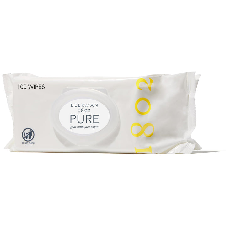 Beekman 1802 front packaging showing 100 fragrance-free wipes for easy cleansing