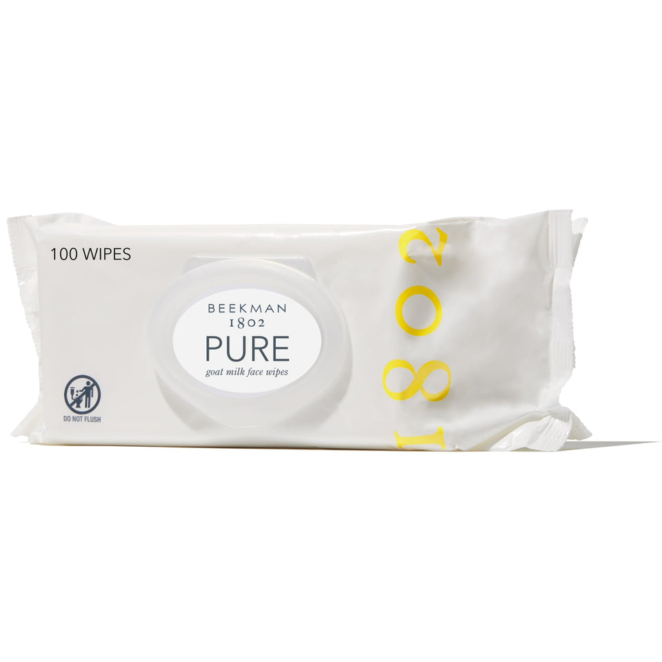 Beekman 1802 front packaging showing 100 fragrance-free wipes for easy cleansing