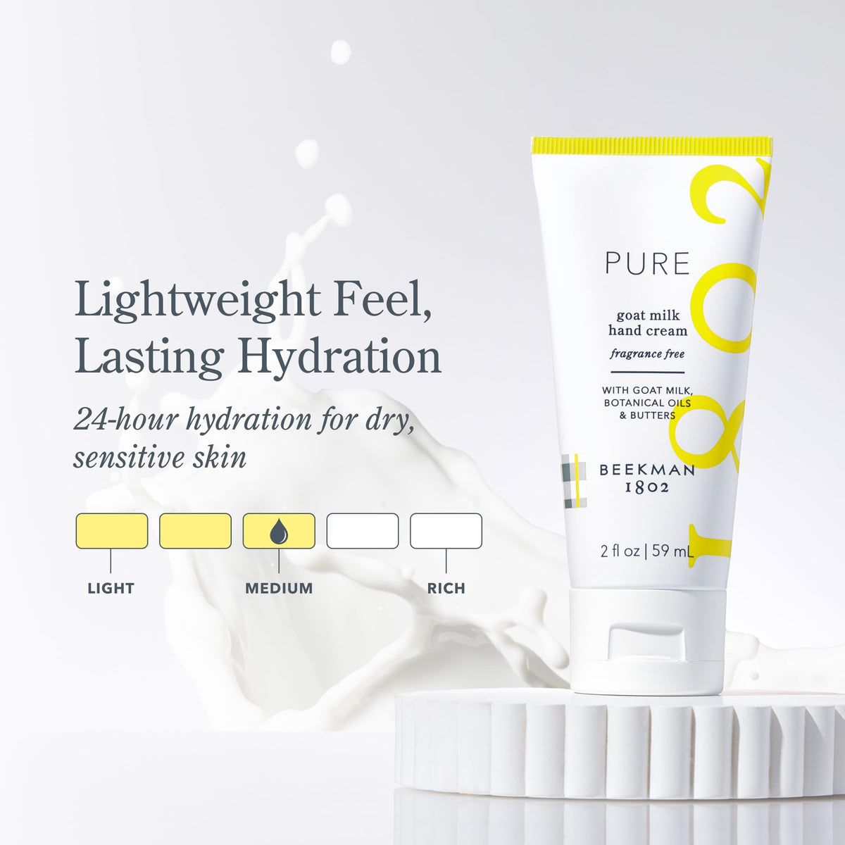 Beekman 1802 tube open with cream texture, smooth moisturizing finish