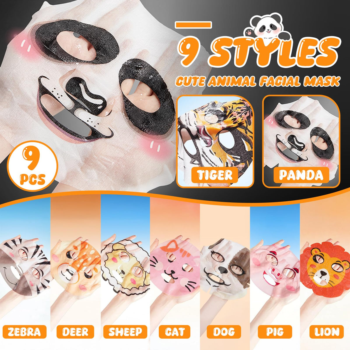 Beenefits nine animal character masks laid out to show variety