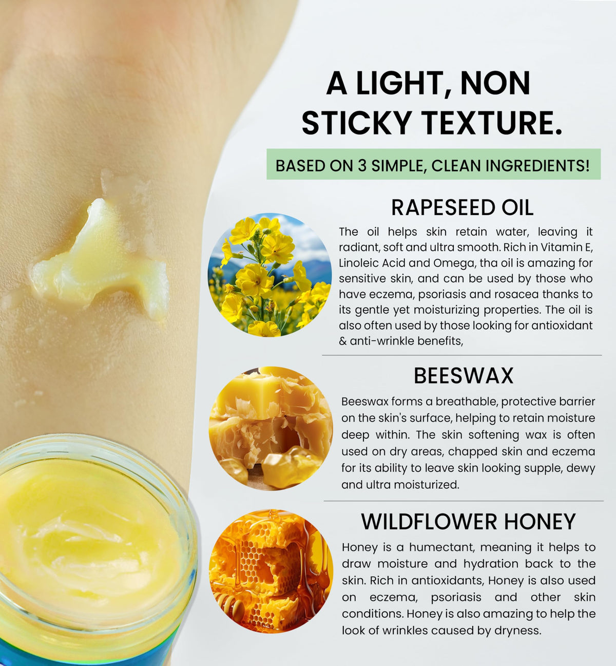 Beesaluxe Beesalene on hands demonstrating hydration and lightweight protection benefit