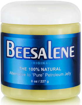 Beesaluxe tin front view showing clean natural balm branding and size benefit