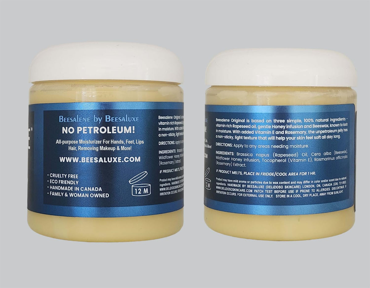 Beesaluxe ingredient label showing rapeseed oil, honey infusion, beeswax benefits