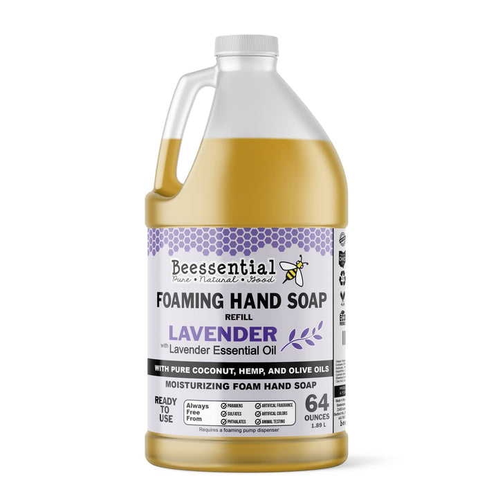 Beessential front label of 64oz lavender refill showing product and benefits