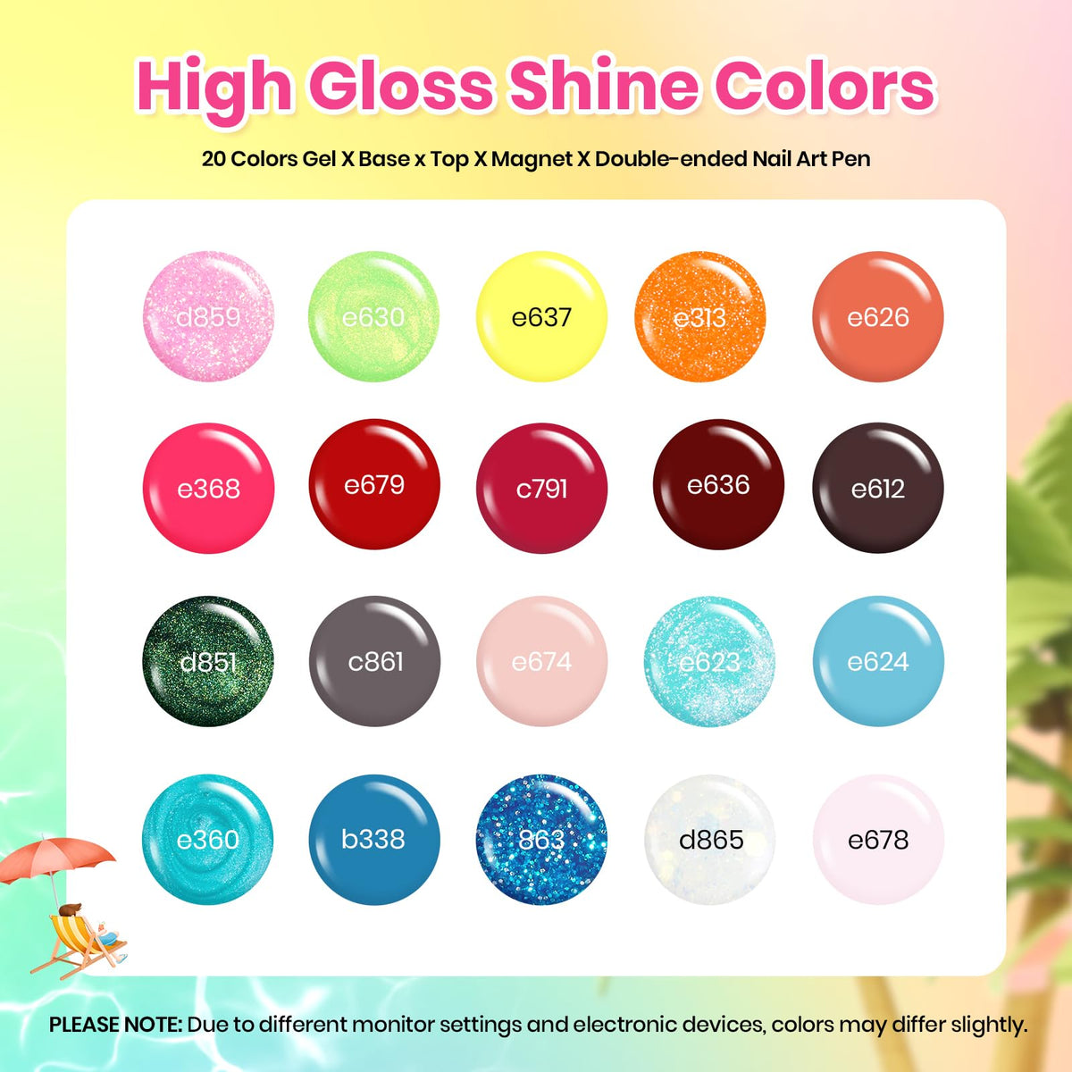 beetles 20 color bottles arranged showing range of neon, pastel and glitter shades