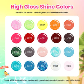 beetles 20 color bottles arranged showing range of neon, pastel and glitter shades