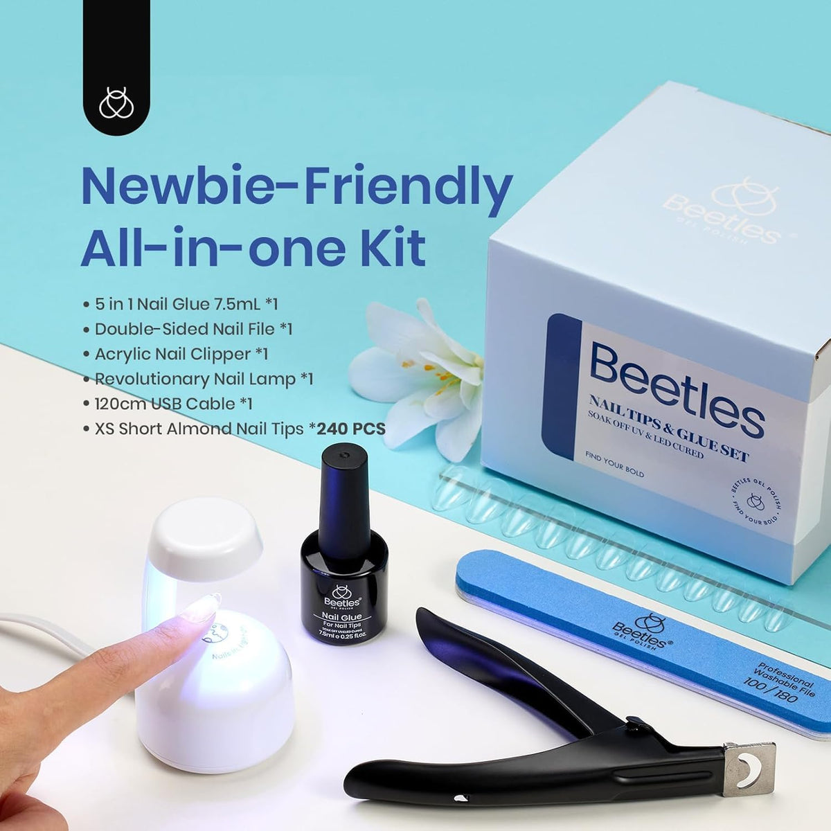 Beetles 240 clear full-cover tips organized for quick size selection