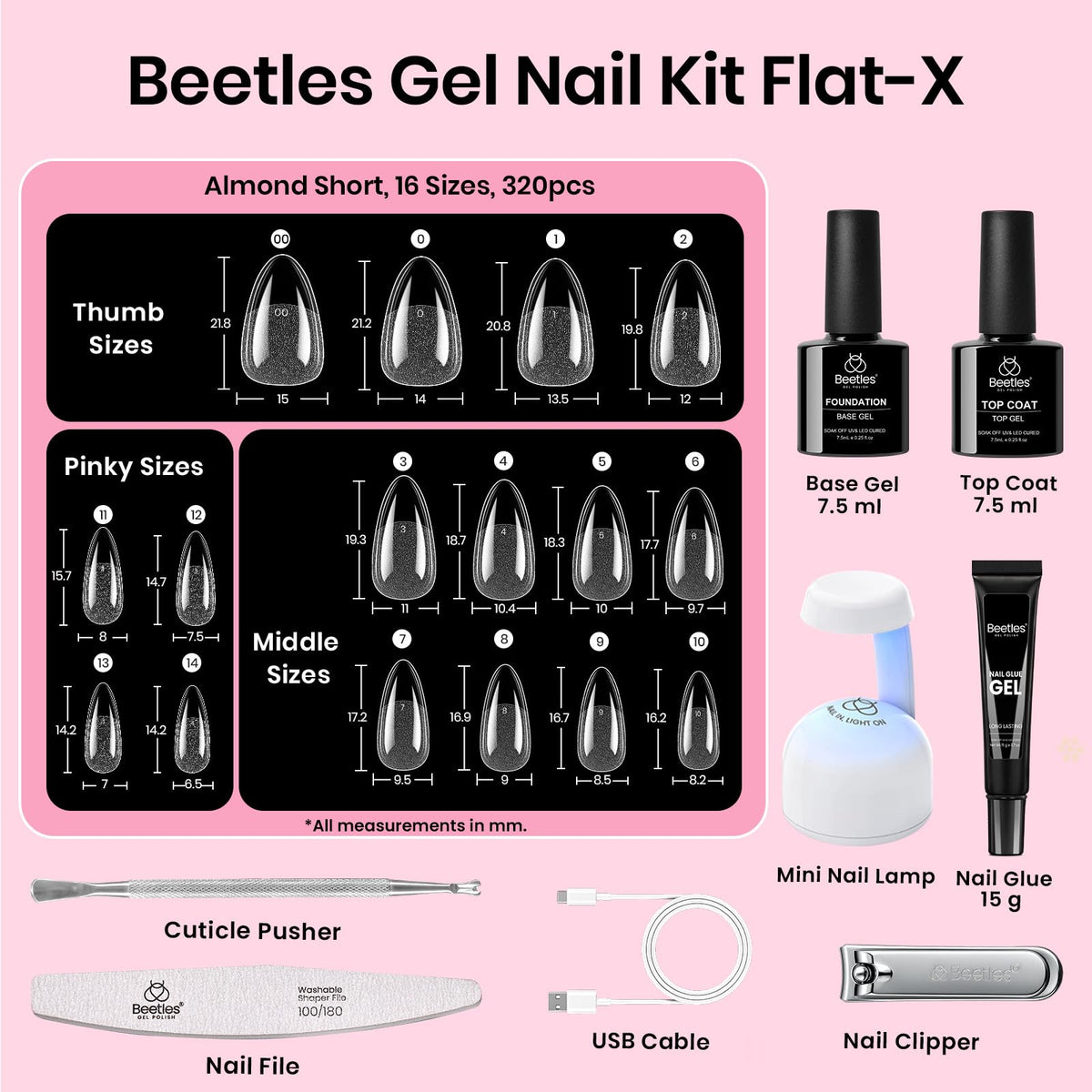 beetles spread of 320 pre-numbered tips offering many sizes for custom fit