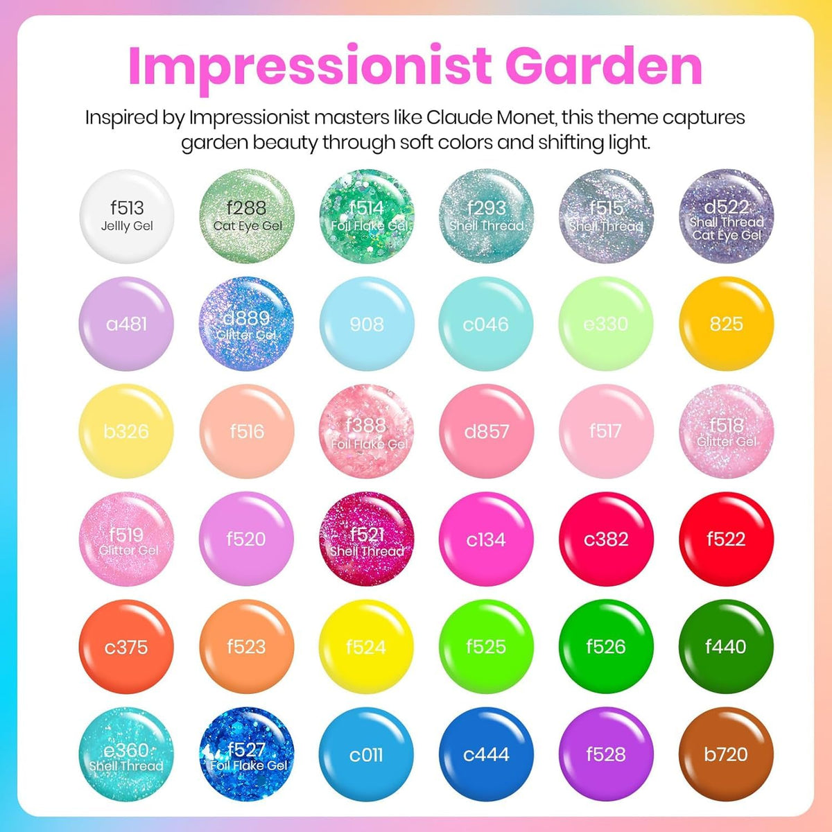 beetles 36 bottles layout displaying diverse pastel, green, blue, and glitter shades