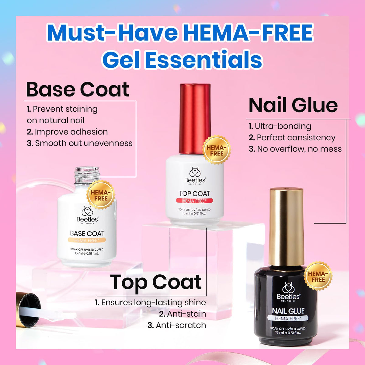 beetles 3x 15ml gel bottles labels visible showing HEMA-free, gentle formula benefit