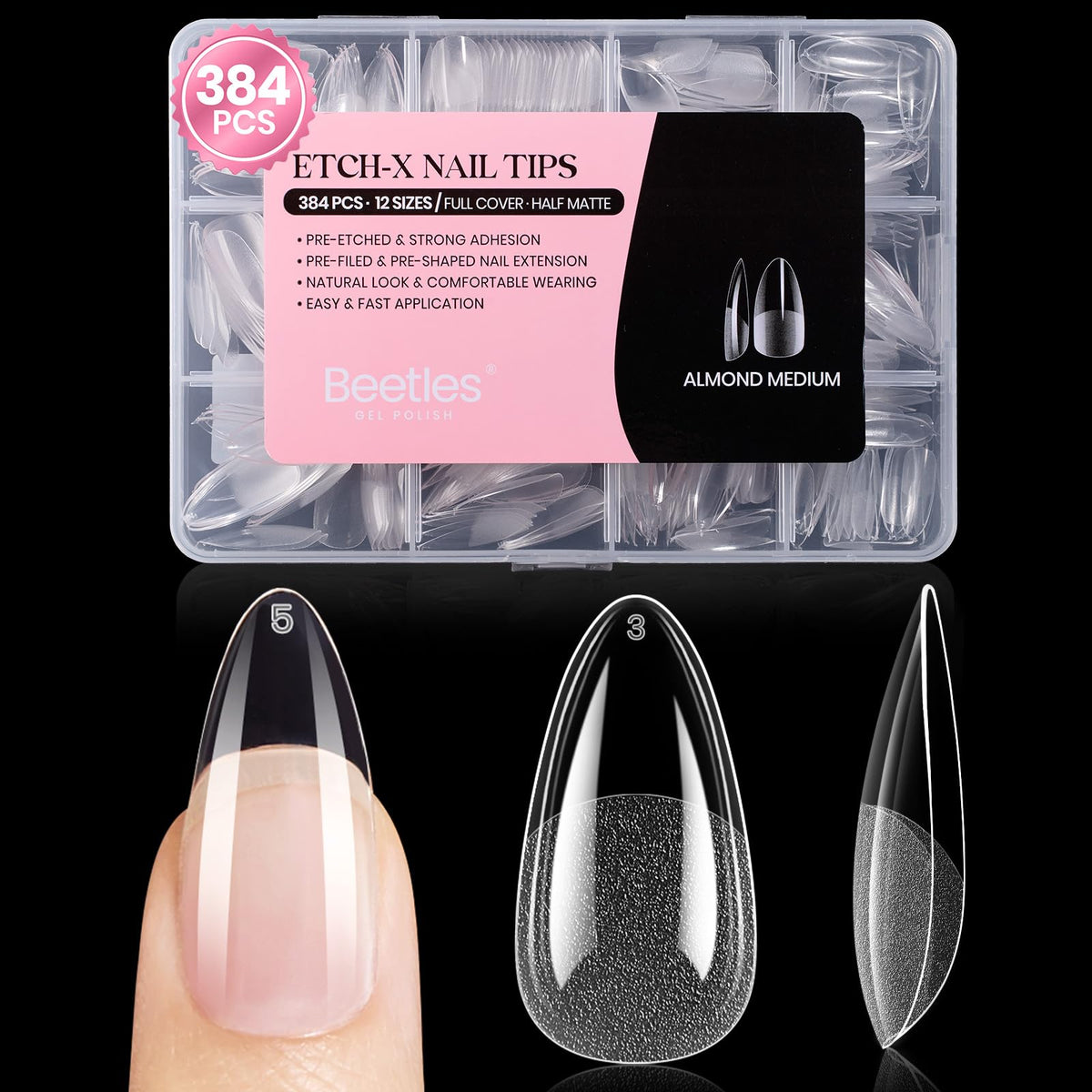 Beetles front packaging of 384pcs almond medium tips showing kit convenience