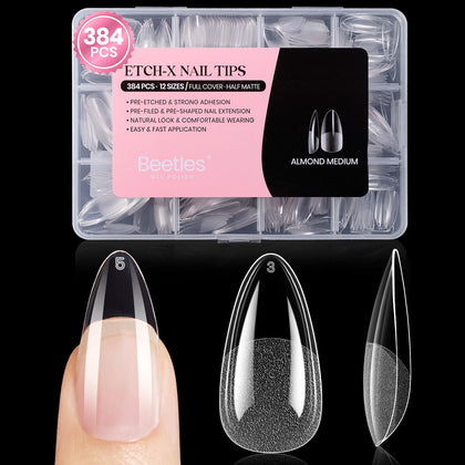 Beetles front packaging of 384pcs almond medium tips showing kit convenience