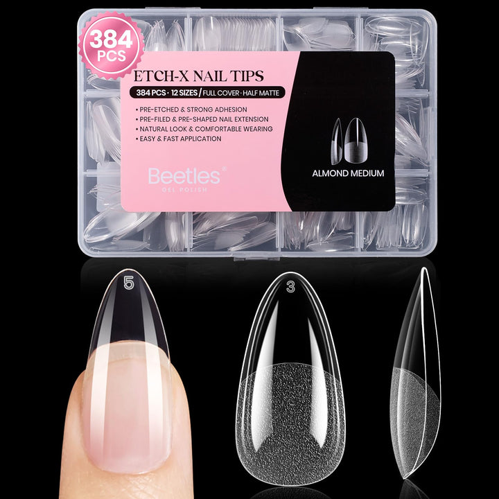 Beetles front packaging of 384pcs almond medium tips showing kit convenience