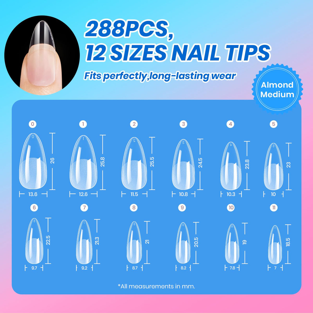 beetles almond tips layout demonstrating size range and easy fitting benefit