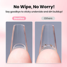 Hand applying press‑on nails with Beetles glue showing quick hands‑free application benefit