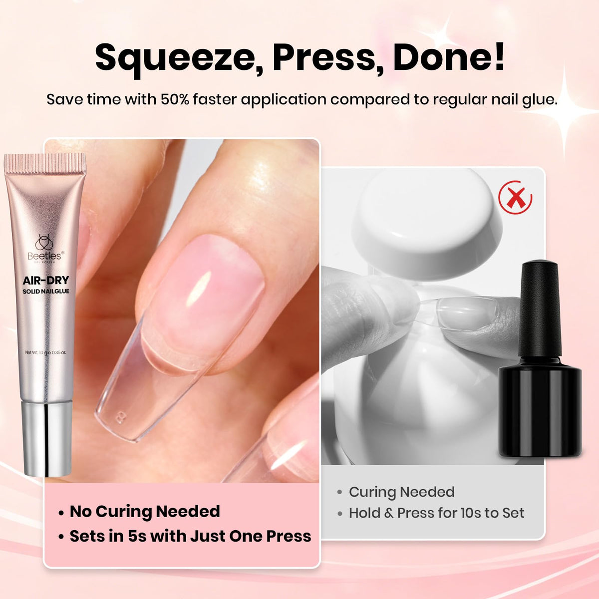 beetles applying glue to press-on nail demonstrating quick set advantage
