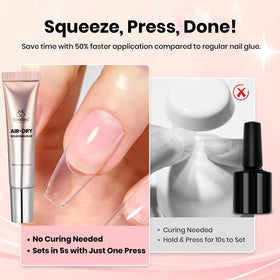 beetles applying glue to press-on nail demonstrating quick set advantage