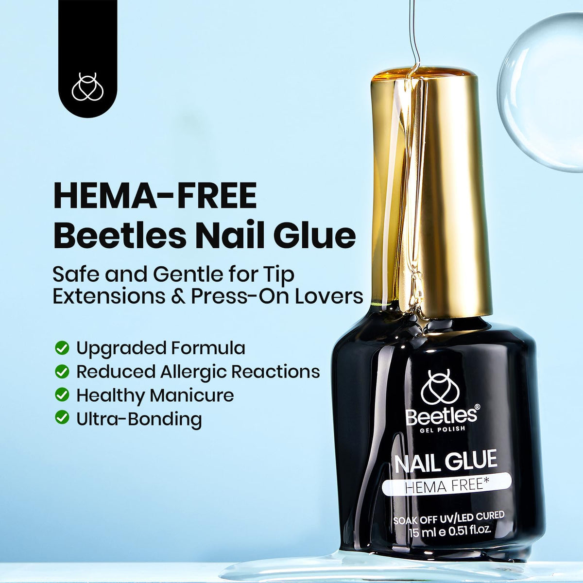 beetles gel polish being applied to a clear press-on nail for secure, long-lasting hold