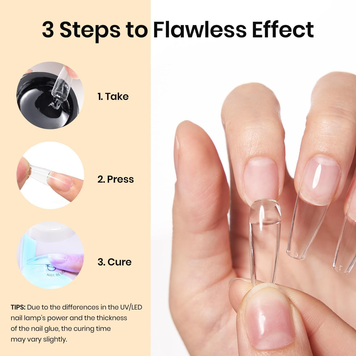 Beetles Gel Polish application of press-on nails being pressed and cured