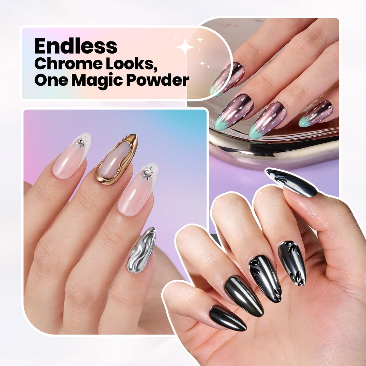 beetles applicator rubbing chrome pigment onto nail for smooth reflective finish