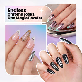beetles applicator rubbing chrome pigment onto nail for smooth reflective finish