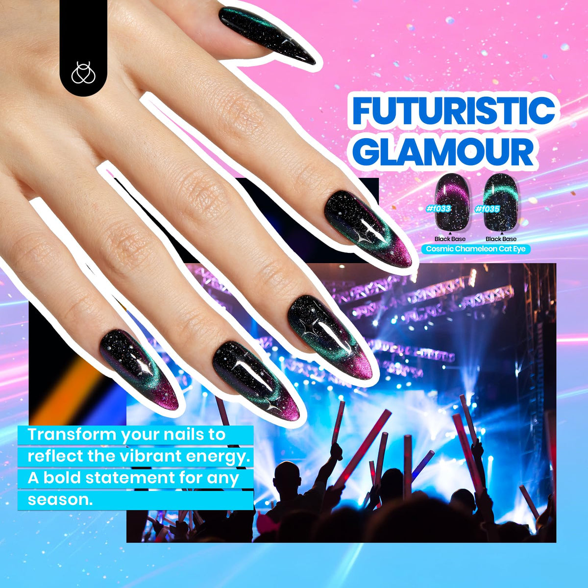 beetles applied cat eye manicure on hands displaying vibrant reflective finish