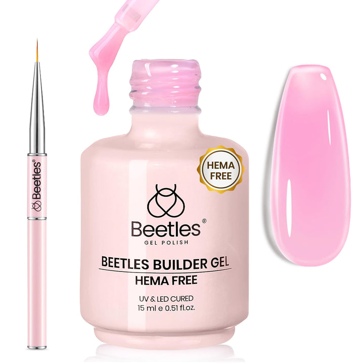 Beetles builder gel front bottle showing aqua rose tint and label benefit
