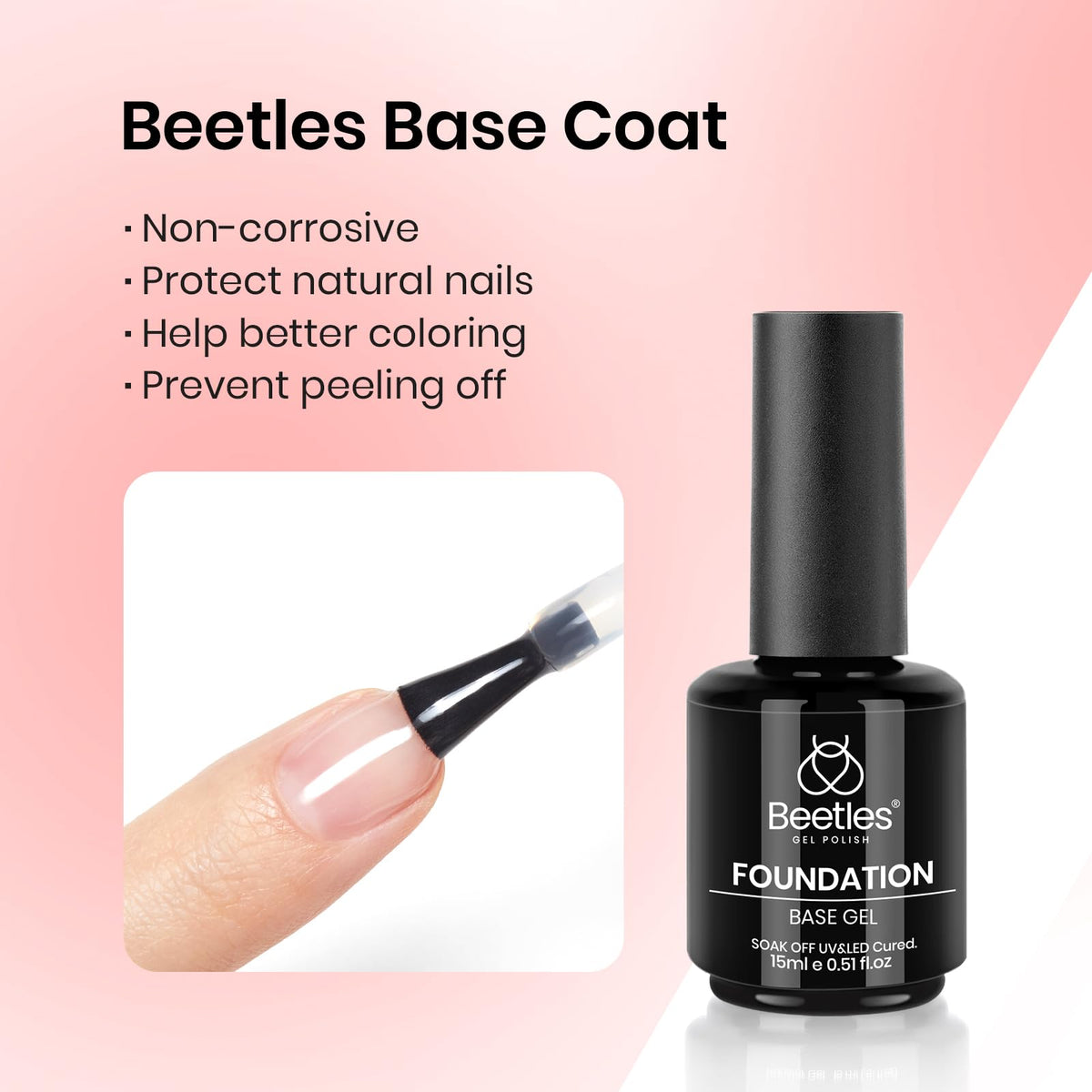 beetles Gel Polish base and top coat bottles with readable labels