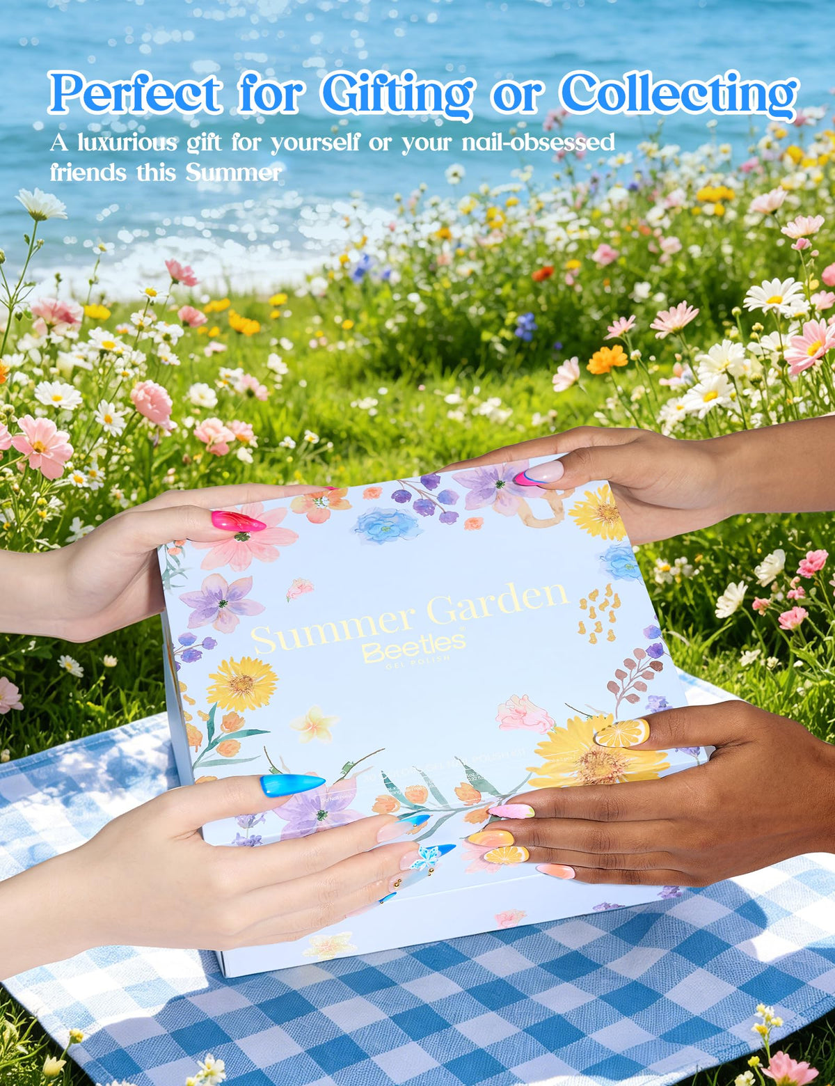 beetles manicure on beach setting highlighting festival-ready color