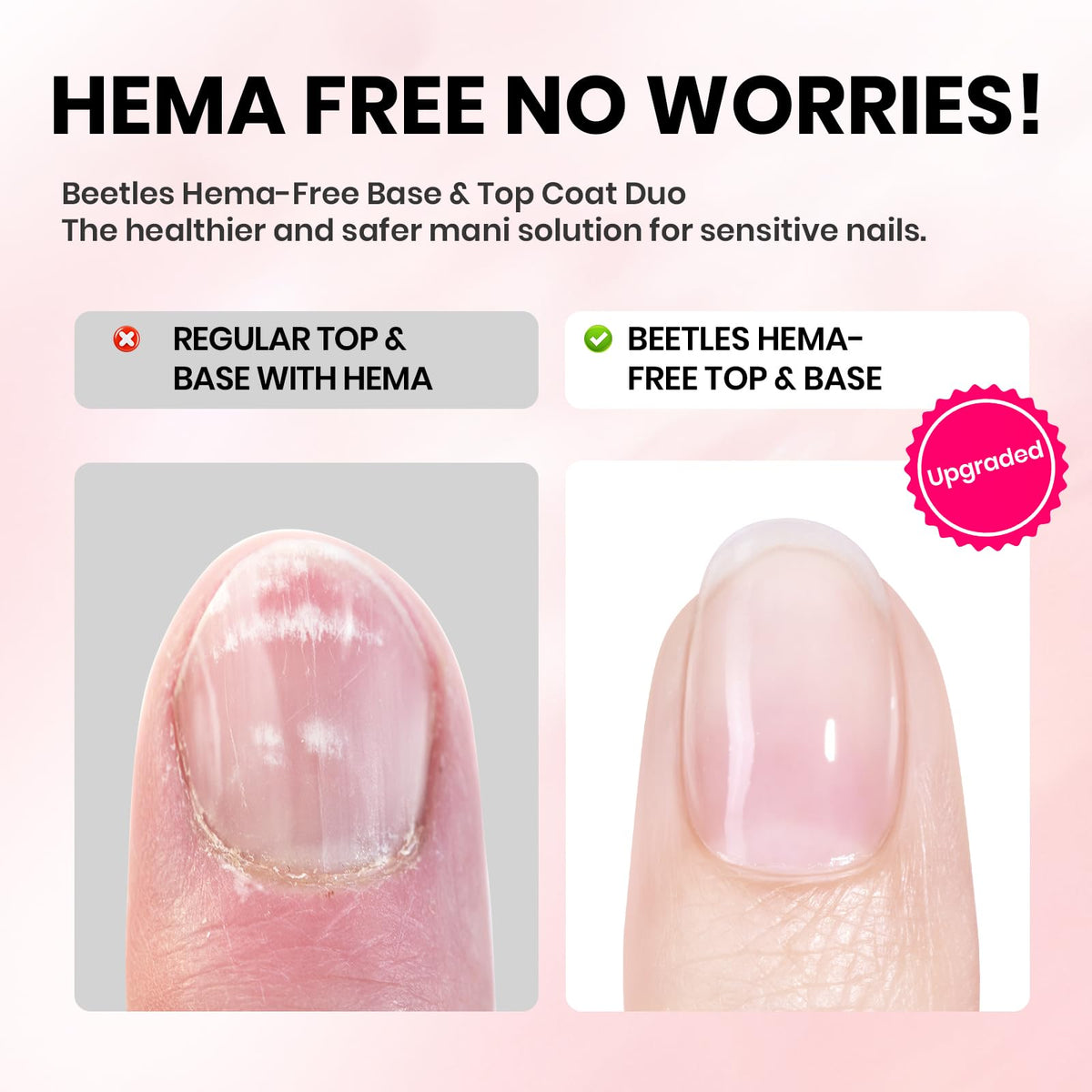 Beetles before and after nails showing improved durability and glossy results