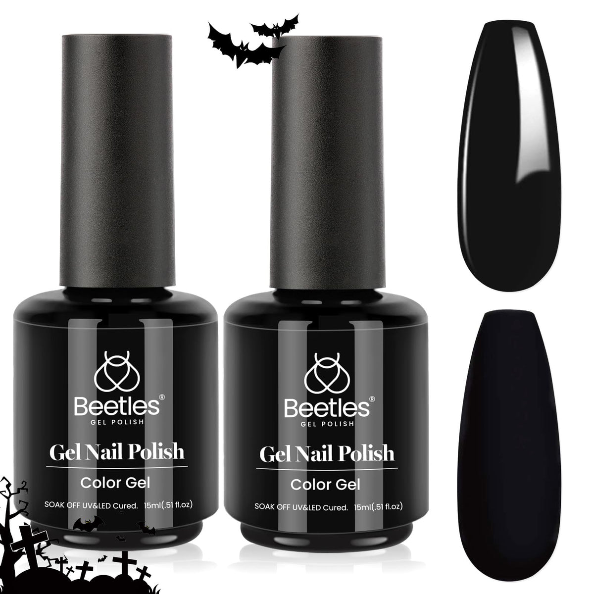 beetles black night out styled nails showing dramatic black manicure appeal