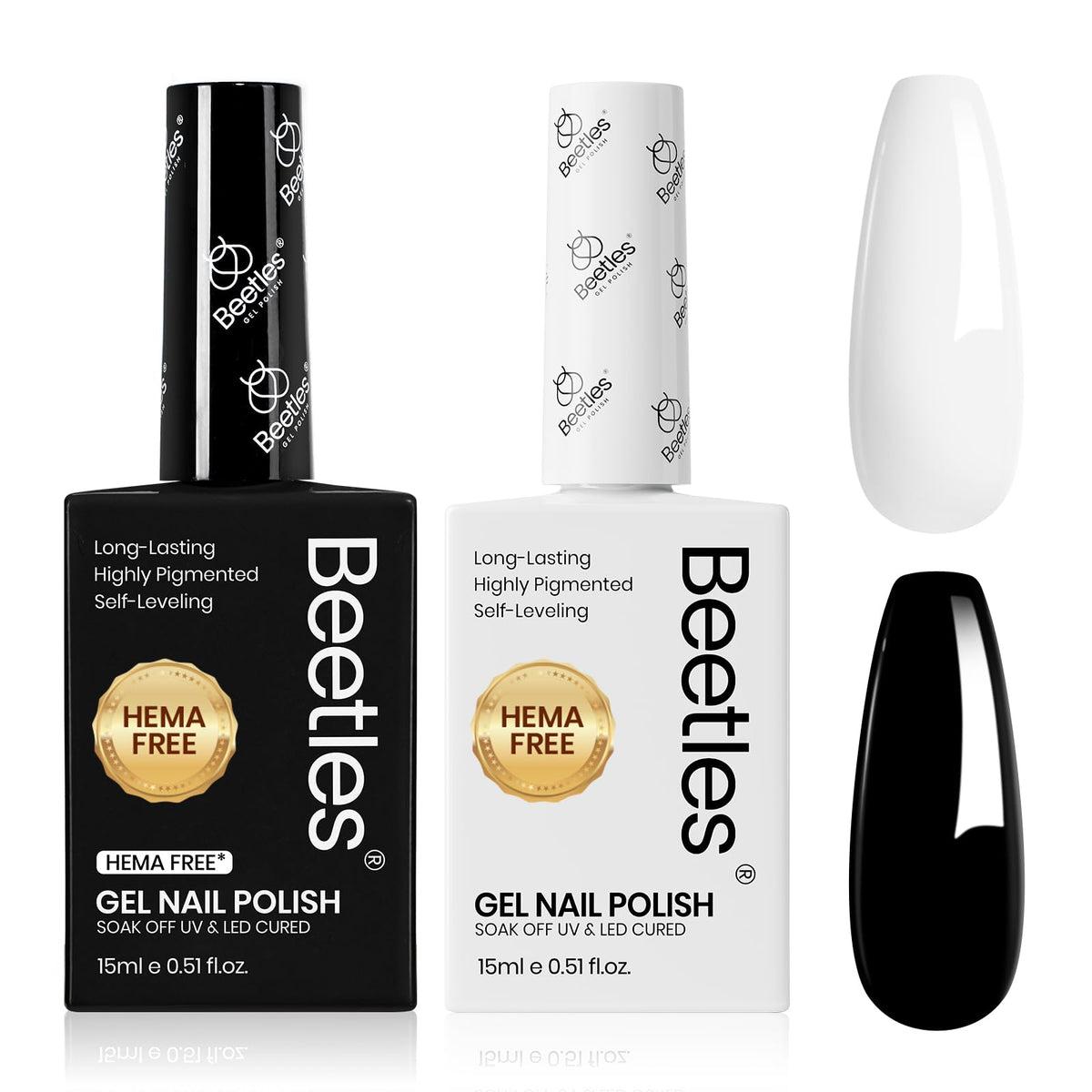 Beetles Gel Polish front packaging showing black and white bottles and clear labeling for easy selection