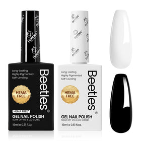 Beetles Gel Polish front packaging showing black and white bottles and clear labeling for easy selection
