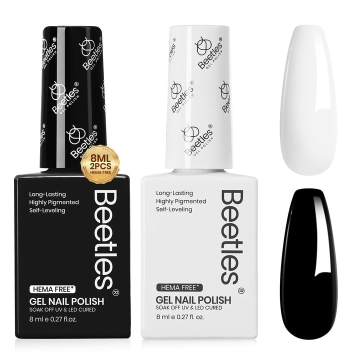 beetles Gel Polish kit front view showing black and white bottles, easy selection benefit
