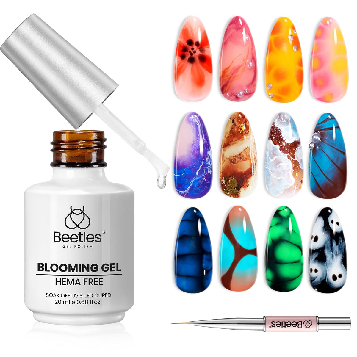 beetles bloomng gel front bottle showing clear 20ml tube and brush benefit easy application