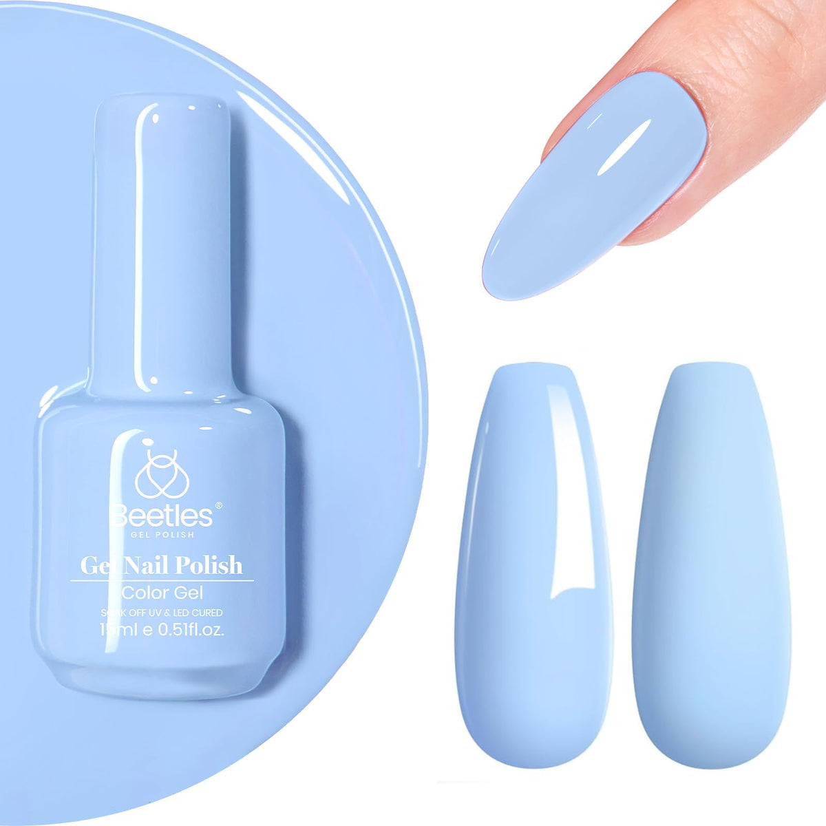 beetles Gel Polish bottle front view showing pastel blue color and 15ML size, glossy finish