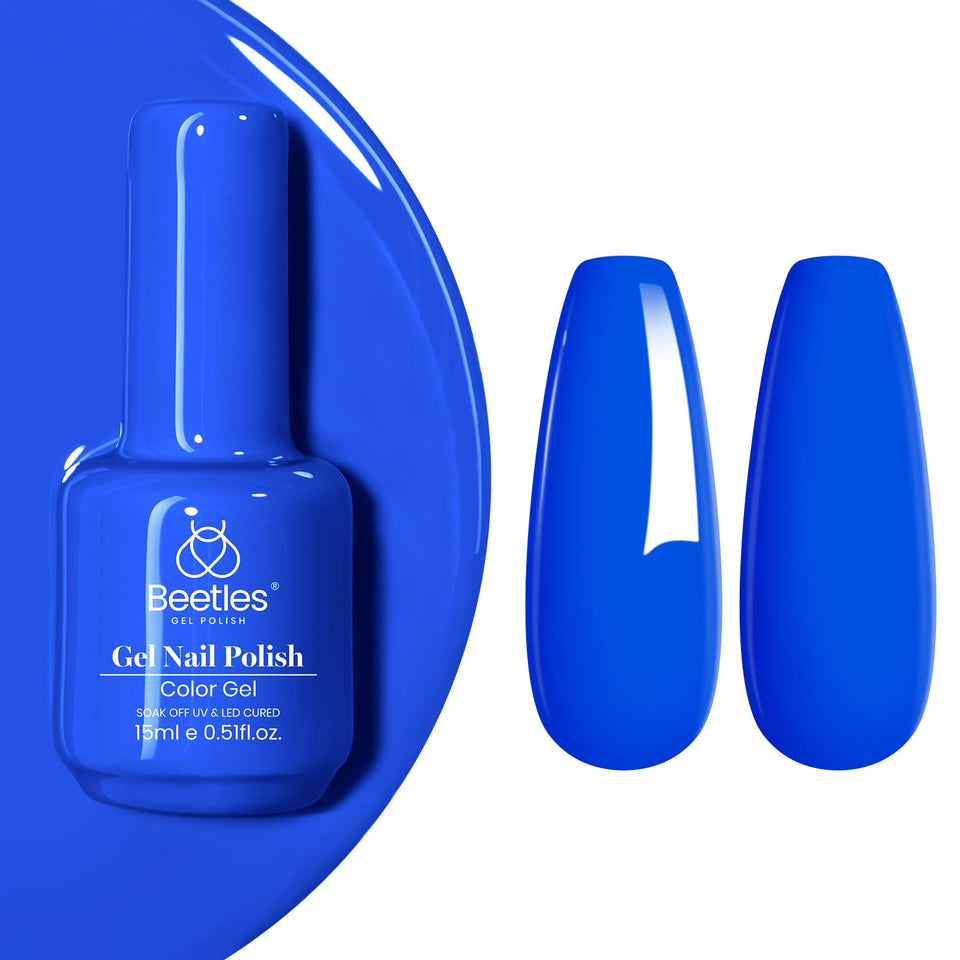 Beetles Gel Polish front bottle showing bold blue color and clear labeling for easy choice
