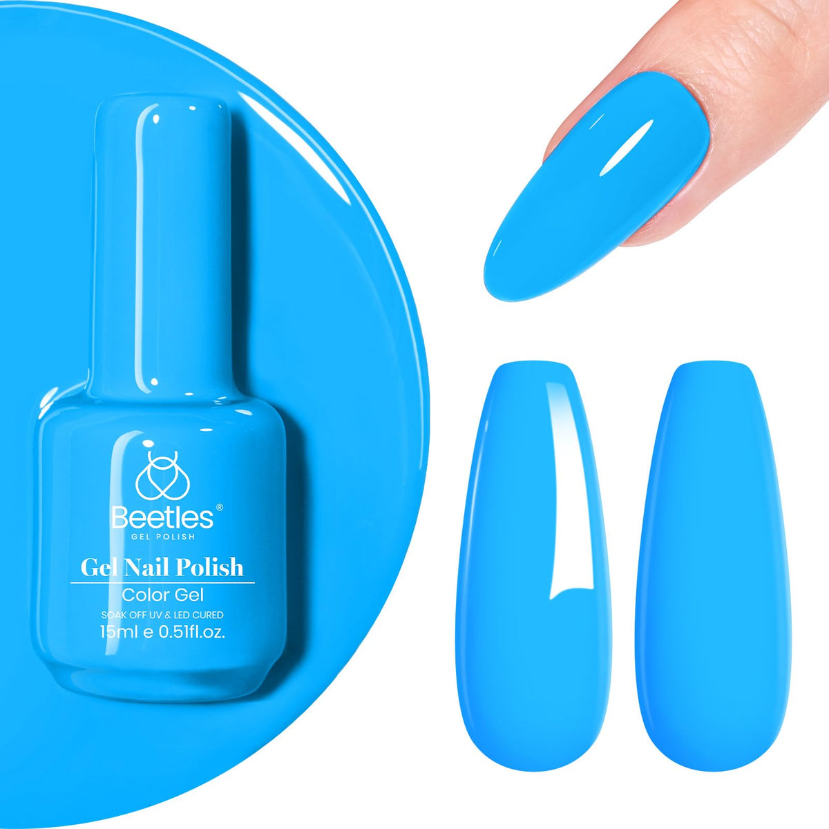 beetles Gel Polish bottle front view showing bright blue pigment and compact size