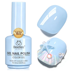 Beetles bottle front view showing milky baby-blue shade and accurate color preview