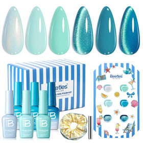beetles gel polish front packaging showing six blue shades and gift box benefit of presentation