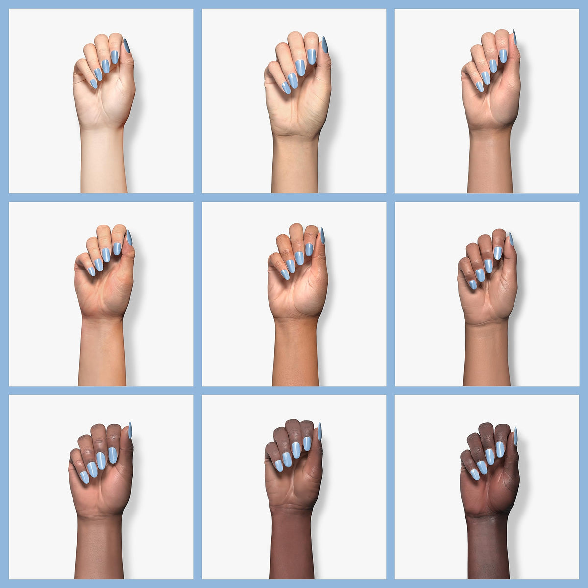 beetles Gel Polish applied on nails, close-up hand shot displaying durable pastel blue manicure