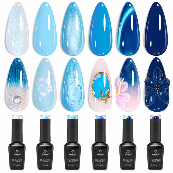 Beetles Gel Polish front packaging showing six blue shades and set benefit versatility