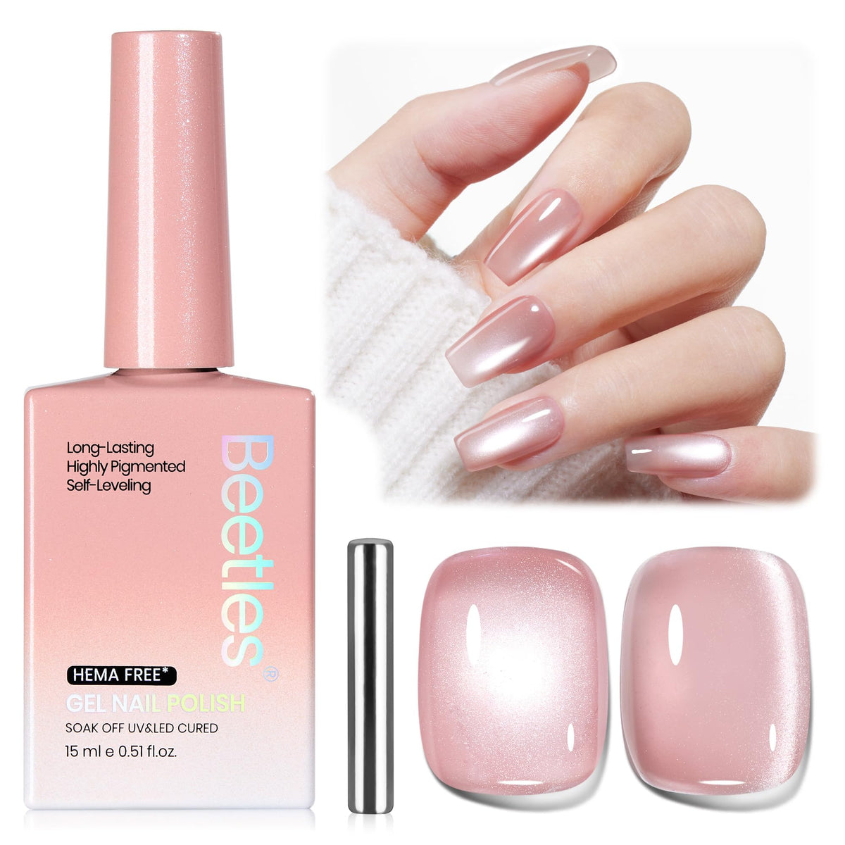 Beetles bottle front view showing pink cat eye polish and glassy shimmer benefit