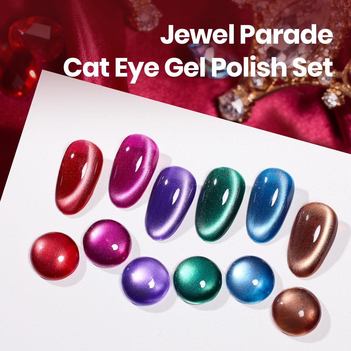 Beetles red bottle close-up showing rich shimmer and magnetic cat-eye benefit