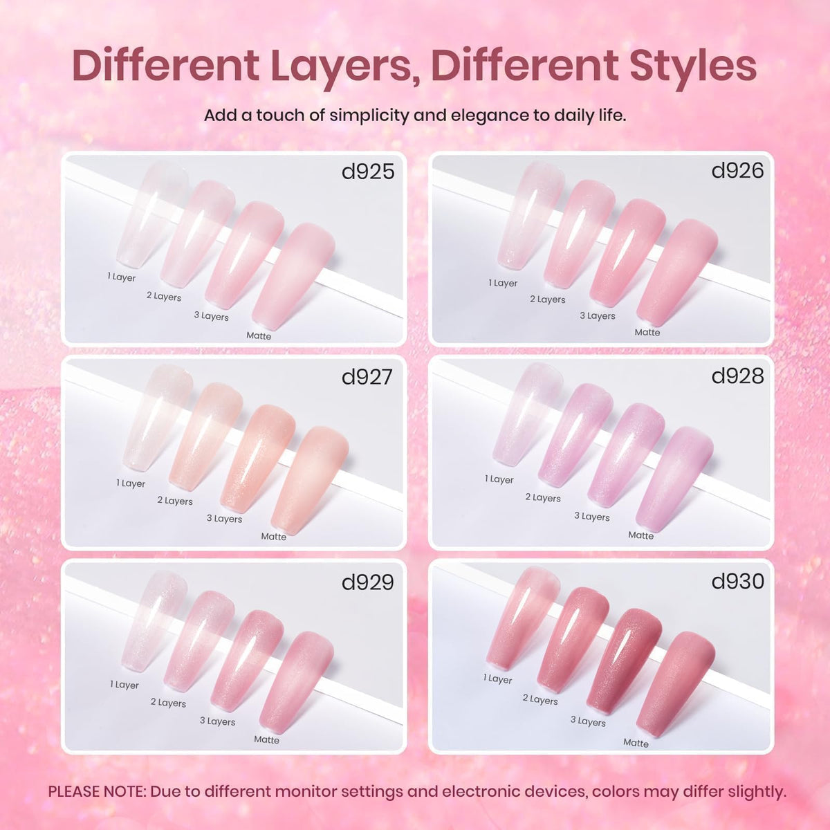 Beetles bottles lined up displaying sheer pink shades and shimmer benefit