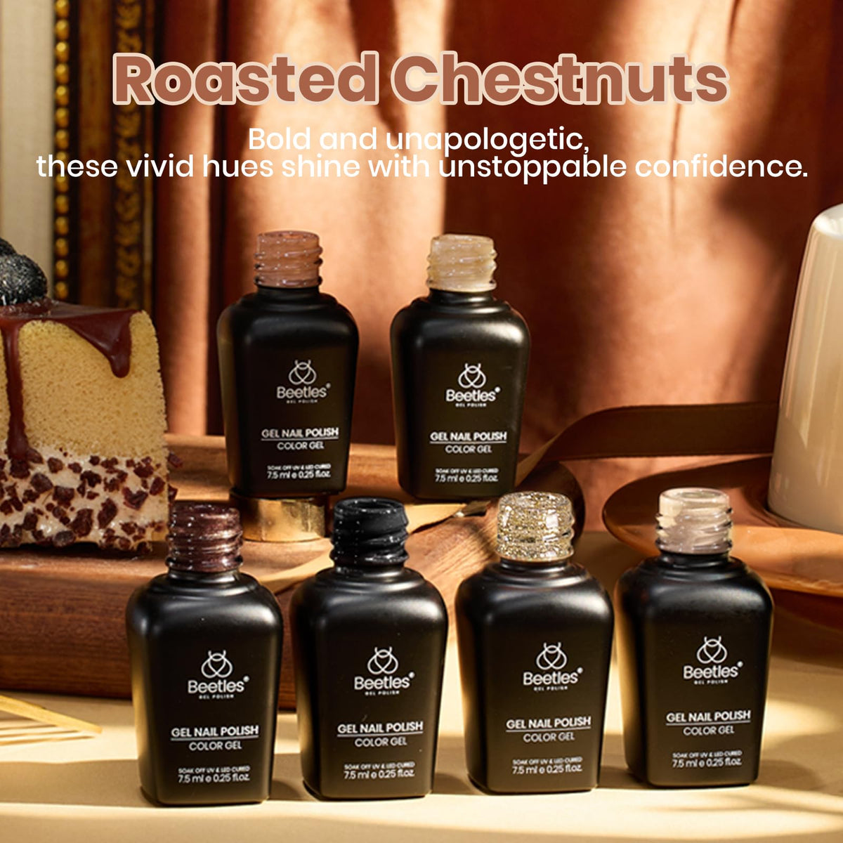 beetles color swatch array of six nude brown shades demonstrating wearable tones and easy pairing